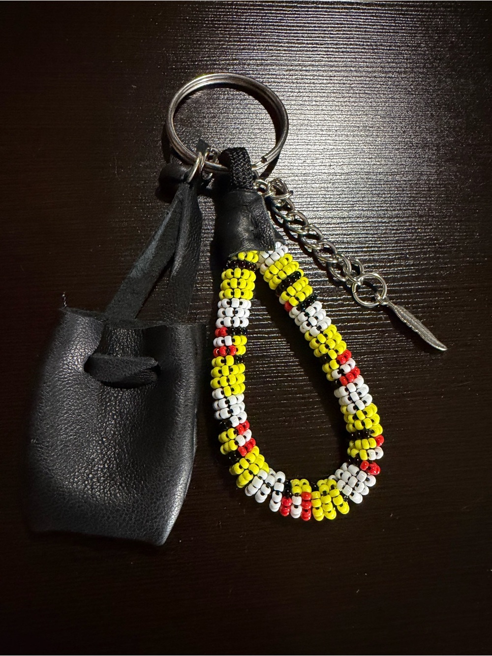 Beaded Loop Keychain with Black Leather Pouch - Yellow, White & Red